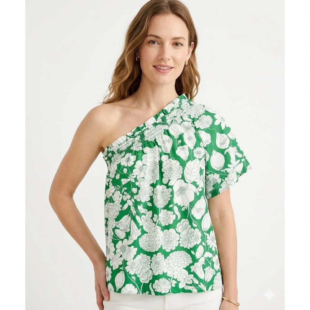 J.Crew One Shoulder Floral Top L Kelly Green Smocked Cotton Poplin Cottagecore - Picture 14 of 14